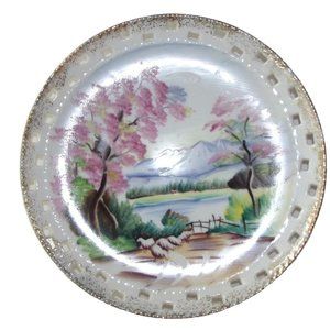 Ucagco Plate 8" Plate wall Cherry Blossom Tree sheep Ceramic lattice signed